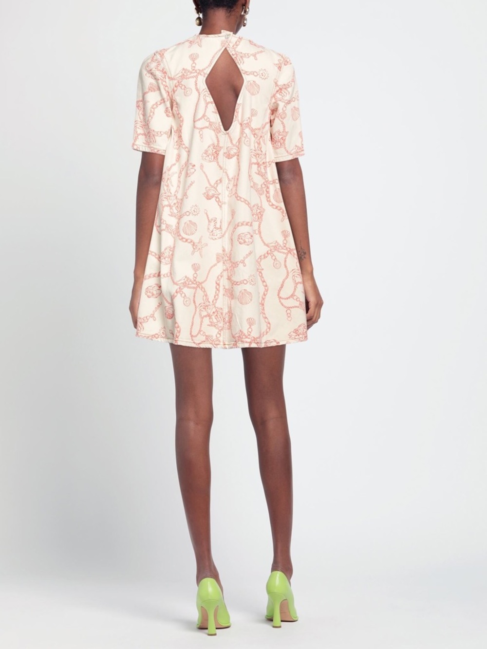 Ganni RARE Lobster Seashell Print Nautical Denim Mini Dress 4 Cream Red Shift - Picture 7 of 16